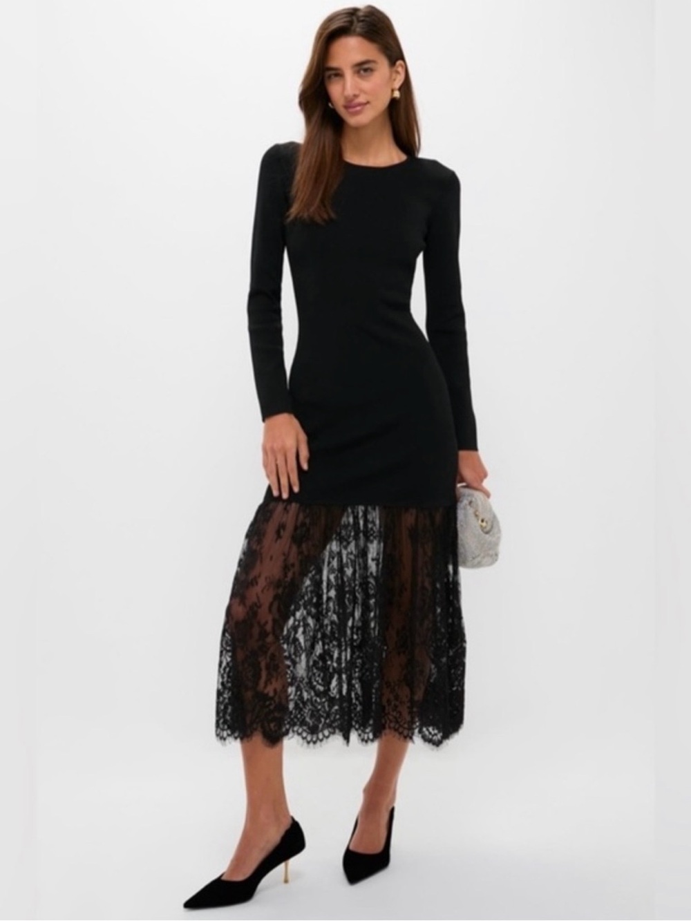 Black Long-Sleeve Knit Dress with Lace Midi Hem